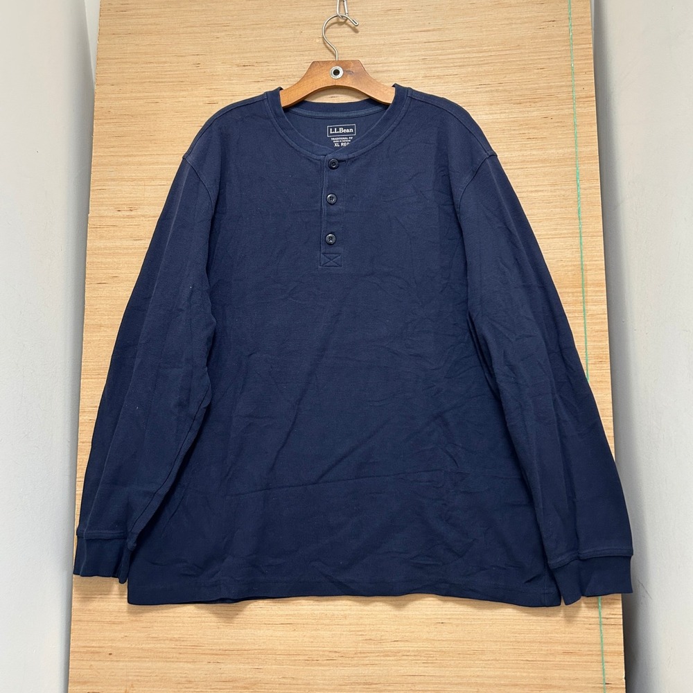 LL Bean Mens XL Navy Blue Waffle Knit Long Sleeve Henley Traditional Fit Shirt